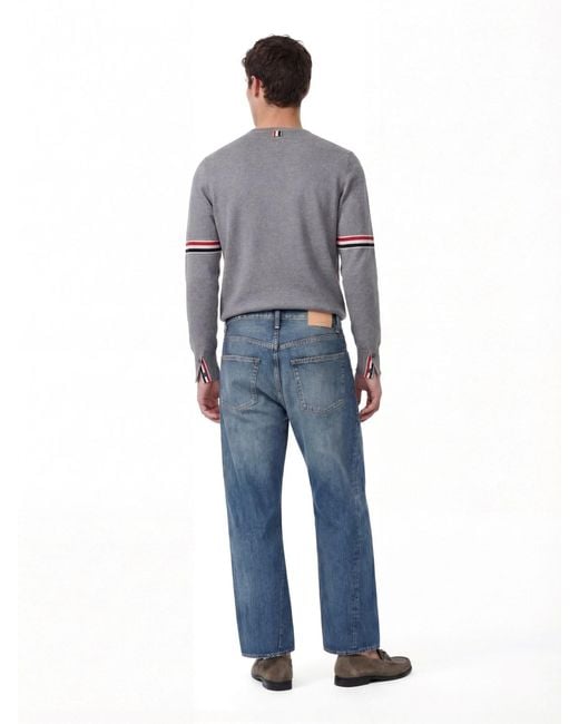 Thom Browne Gray Cotton Crewneck Sweater With Tricolor Grosgrain Highlights for men