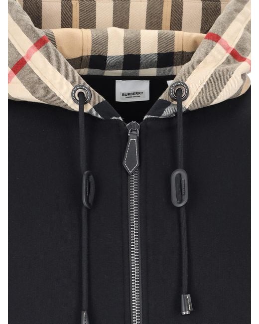 Burberry Blue Cotton Check Pattern Drawstring Hooded Sweater With Front Zip for men