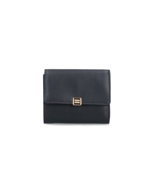Miu Miu Logo Black Leather Madras Card Holder Wallet With
