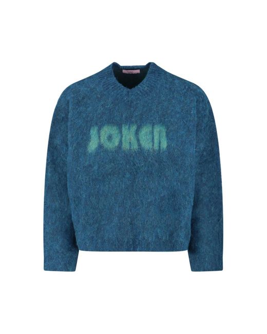 Martine Rose Blue V-Neck Mohair Sweater With Ribbed Trims And Prominent Logo for men