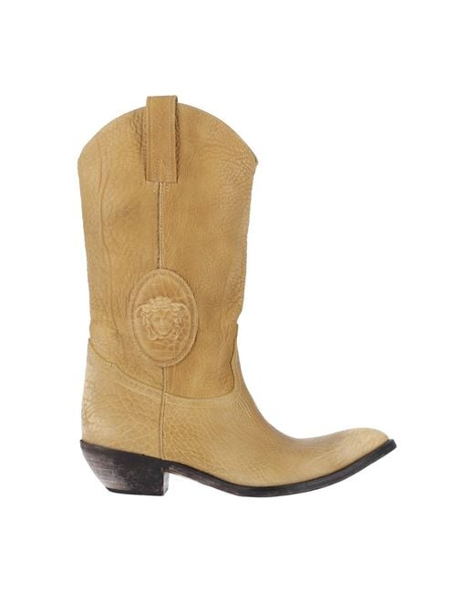 Versace Natural Tan Mid-Calf Pointed Toe Boots