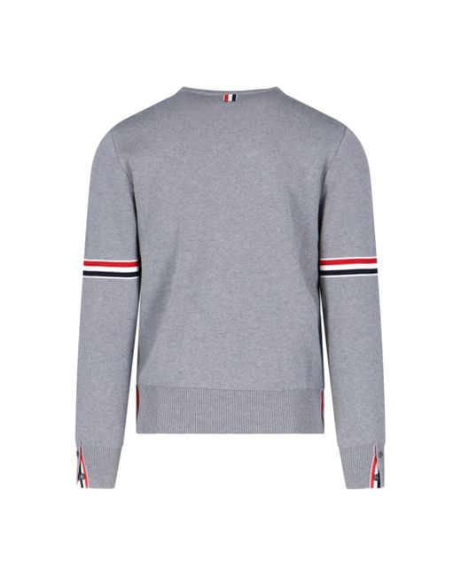 Thom Browne Gray Cotton Crewneck Sweater With Tricolor Grosgrain Highlights for men