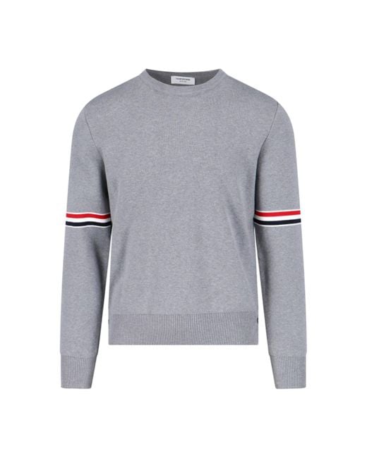 Thom Browne Gray Cotton Crewneck Sweater With Tricolor Grosgrain Highlights for men
