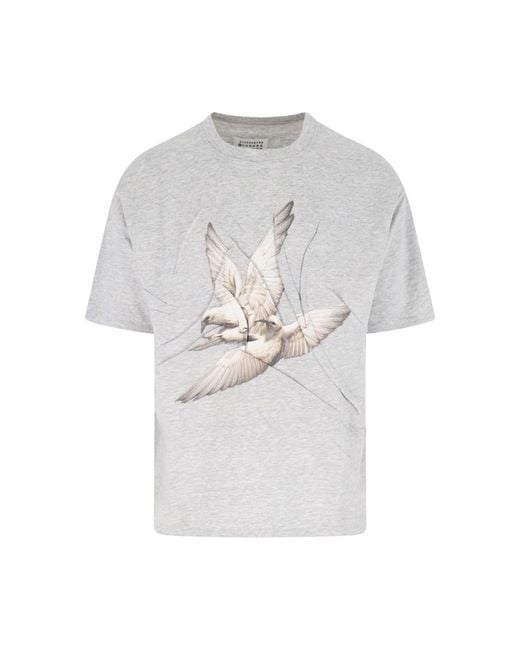Maison Margiela White Crew Neck T-Shirt With Unique Creased Bird Print for men