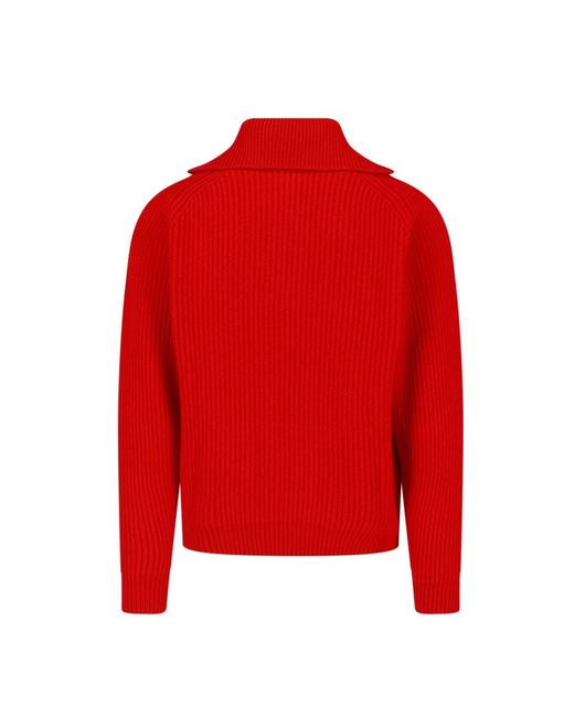Jil Sander Red Cropped Ribbed Knit Sweater With Half-Zip Closure for men