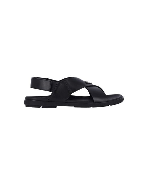 Prada Blue Logo Crossed Sandals for men