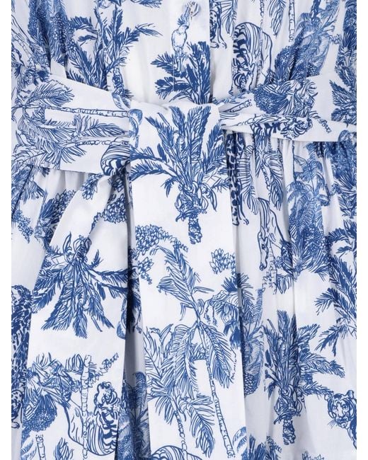 Mc2 Saint Barth Blue Midi Dress With Tiered Skirt And Botanical Print