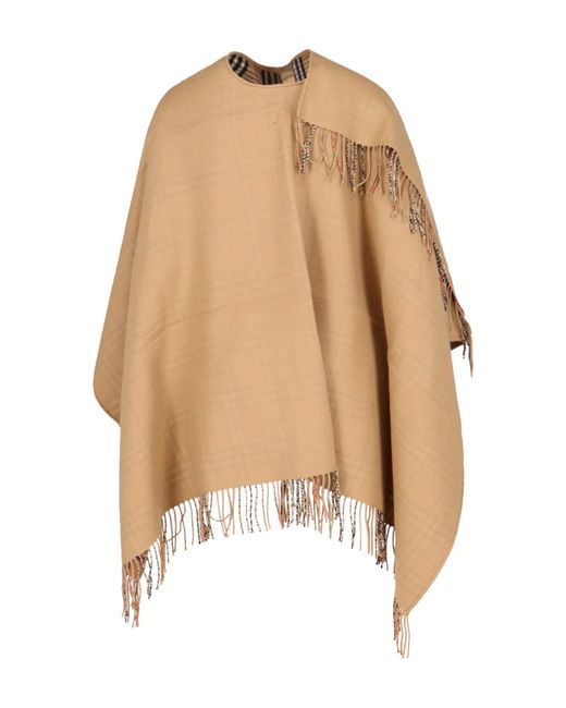 Burberry Natural Reversible Wool Cape With Fringed Edges