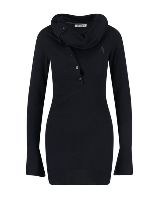 The Attico Black Asymmetrical Collar Dress With Logo Embroidery