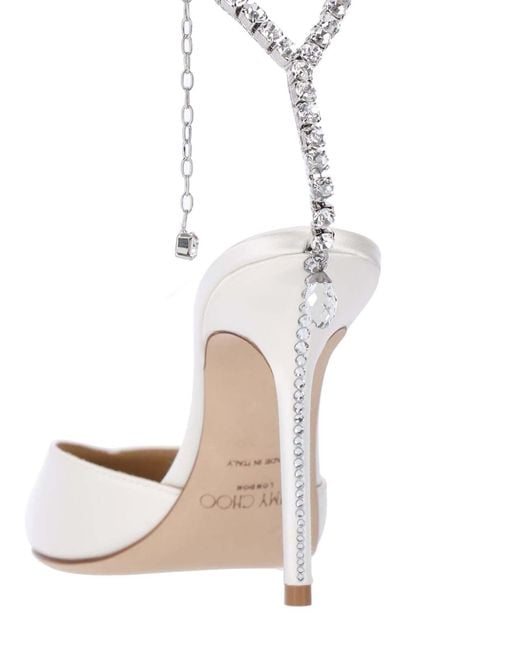 Jimmy Choo White High-Heeled Pumps With Rhinestone Ankle Strap