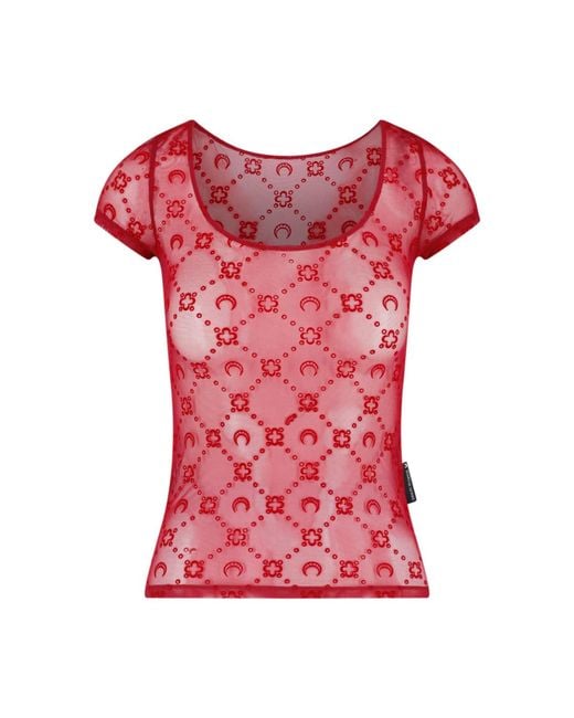 MARINE SERRE Pink Moonogram Flocked Mesh Fitted Top
