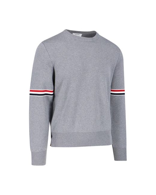 Thom Browne Gray Cotton Crewneck Sweater With Tricolor Grosgrain Highlights for men