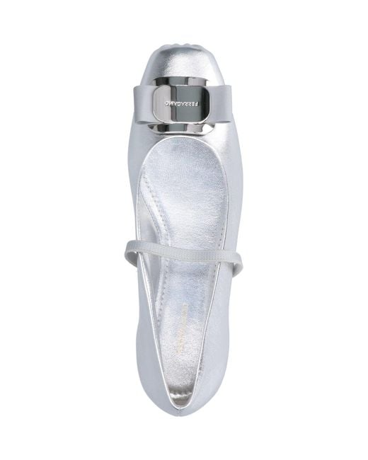 Ferragamo White Rounded Toe Metallic Flat Shoes