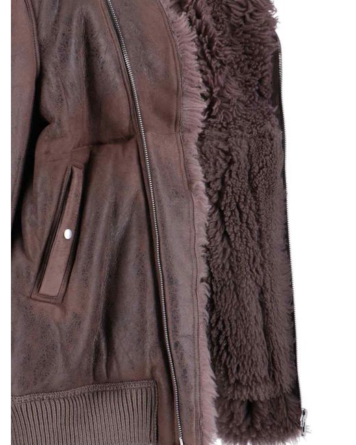 Rick Owens Brown Distressed Leather Jacket With Plush Shearling Lining for men