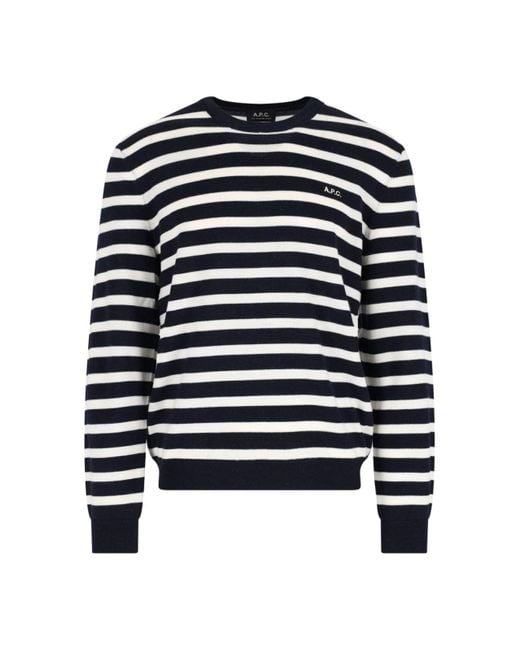 A.P.C. Blue Classic Striped Knit Sweater With Round Neckline for men