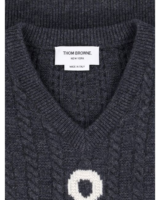 Thom Browne Blue Anchor Intarsia V-Neck Cable-Knit Sweater for men