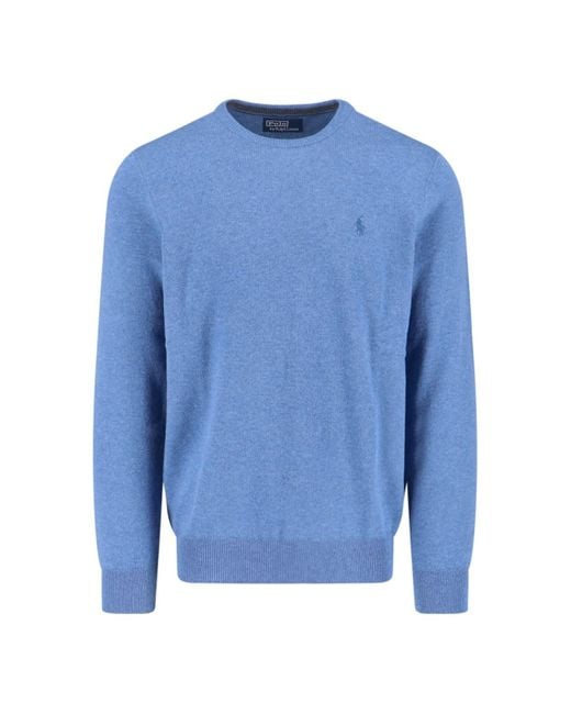 Polo Ralph Lauren Blue Crewneck Sweater With Ribbed Cuffs And Subtle Embroidery for men