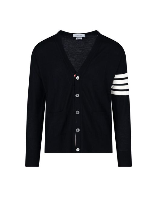 Thom Browne Blue V-Neck Cardigan With Iconic Stripe Detail And Grosgrain Tab for men