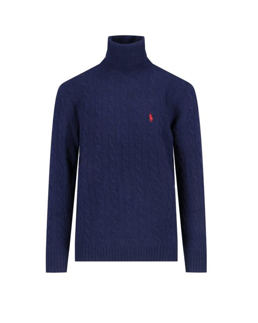 Polo Ralph Lauren Blue Cable Knit Turtleneck Sweater With Embroidered Logo for men