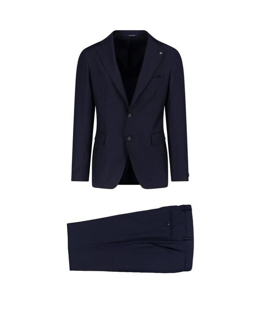Tagliatore Blue Single-Breasted Peaked Lapel Wool Suit for men