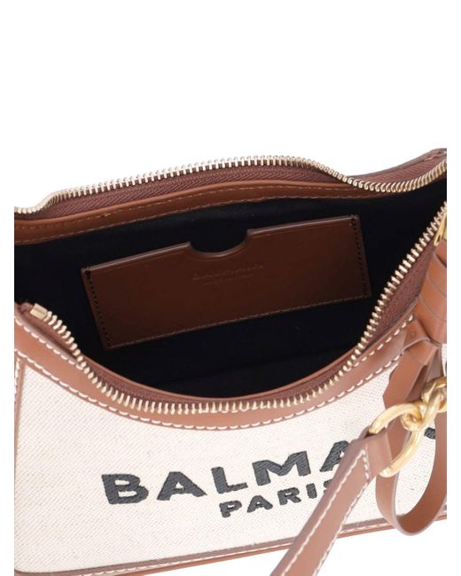 Balmain White Beige Canvas And Brown Leather Shoulder Bag