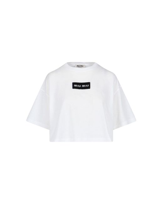 T-Shirt Crop Logo di Miu Miu in White