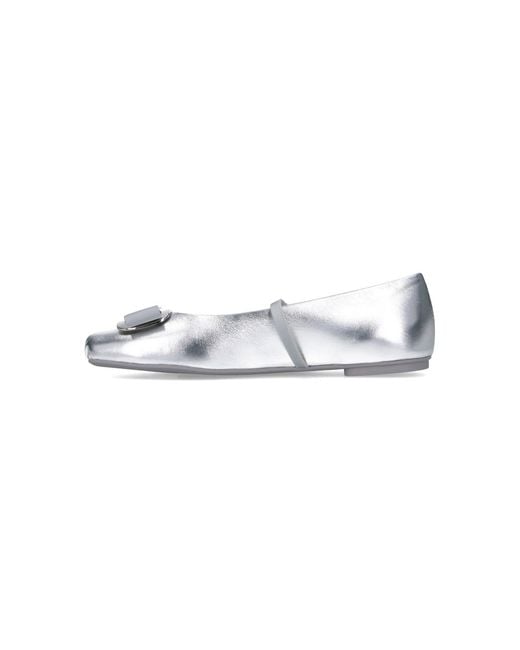 Ferragamo White Rounded Toe Metallic Flat Shoes