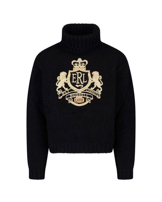 ERL Black Embroidered Crest Turtleneck Sweater