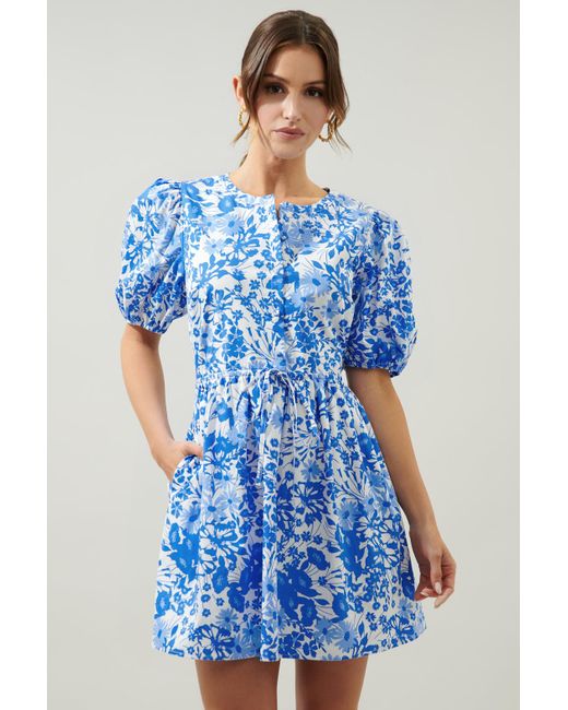 Sugarlips Lover Girl Blue Floral Alba Puff Sleeve Mini Dress | Lyst