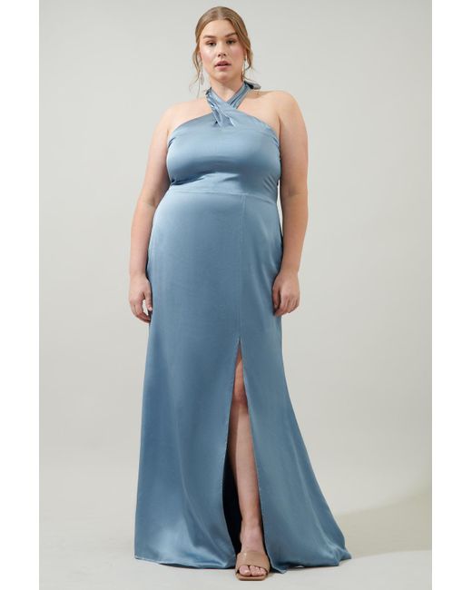 Sugarlips Spellbound Halter Satin Maxi Dress Curve in Blue | Lyst