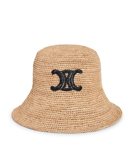 Céline Triomphe Bucket Hat In Natural Raffia / Black