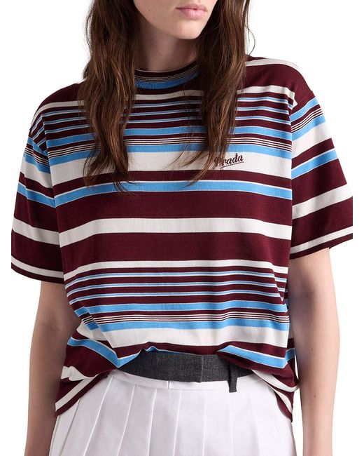 Prada Blue Striped Cotton Crew Neck Sweater