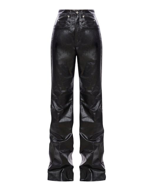 Rick Owens Black Waxed Cotton Jeans With Leather Effect