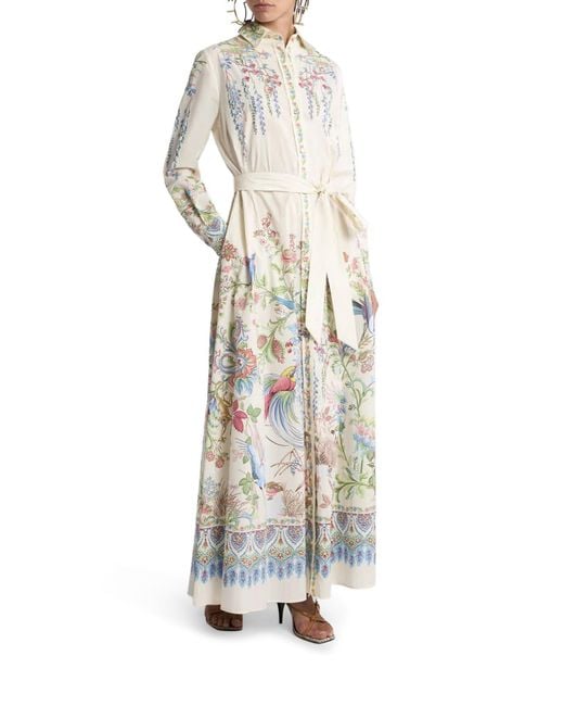 Etro White Long Silk Chemisier Dress With Floral Print And Belt