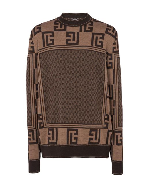 Balmain Brown Merino Wool Mini Monogram Sweater for men