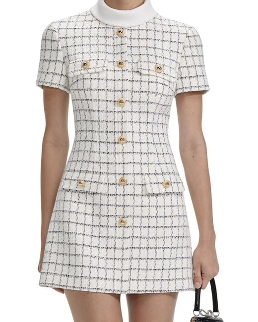 Self-Portrait White Checked Boucle Mini Dress
