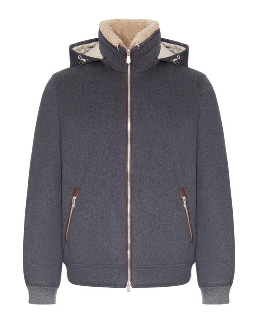 Brunello Cucinelli Blue Hooded Bomber Jacket for men