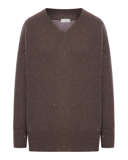 Brunello Cucinelli Brown V-Neck Sequin Embellished Knitted Jumper