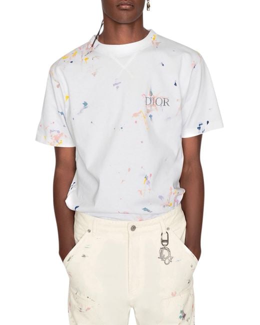 Dior White Oversize "dior" T-shirt With Paint Splash Print for men