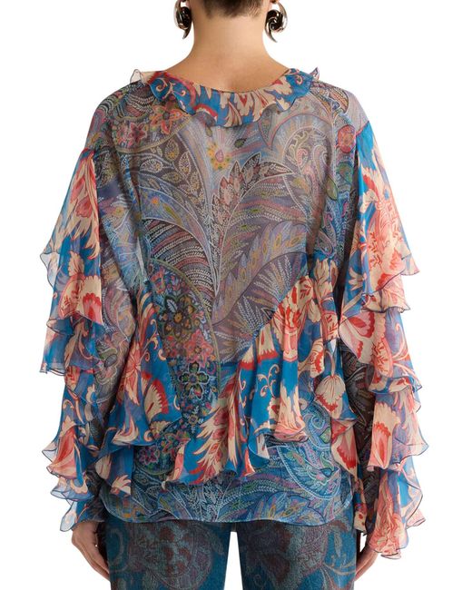 Etro Blue Long-Sleeved Silk Blouse With Ruffles