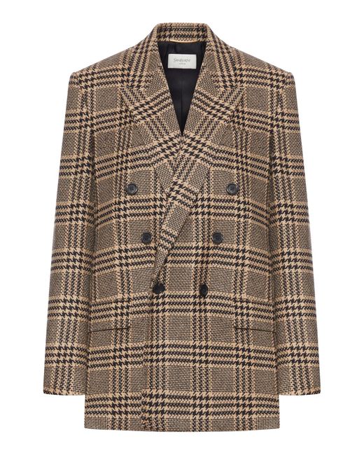 Saint Laurent Brown Prince Of Wales Silk And Cashmere Jacket
