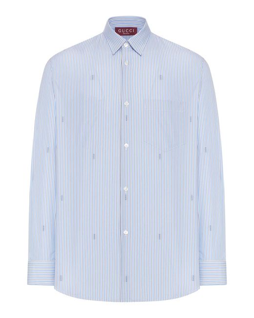 Gucci Blue Striped Cotton Poplin Shirt With Logo for men