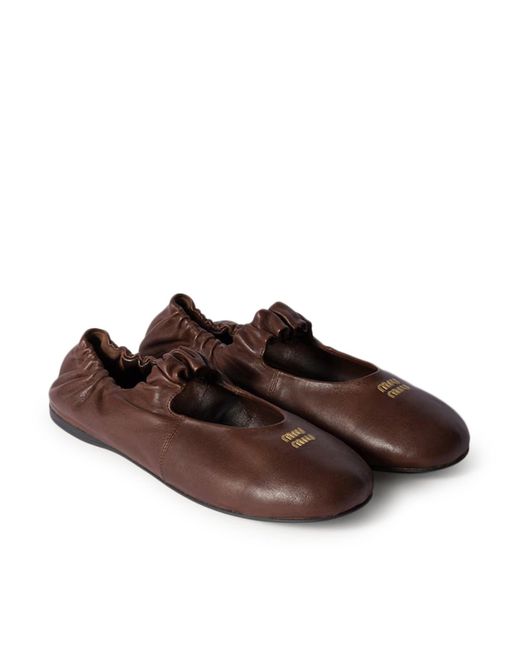 Miu Miu Brown Nappa Ruched Ballet Flats