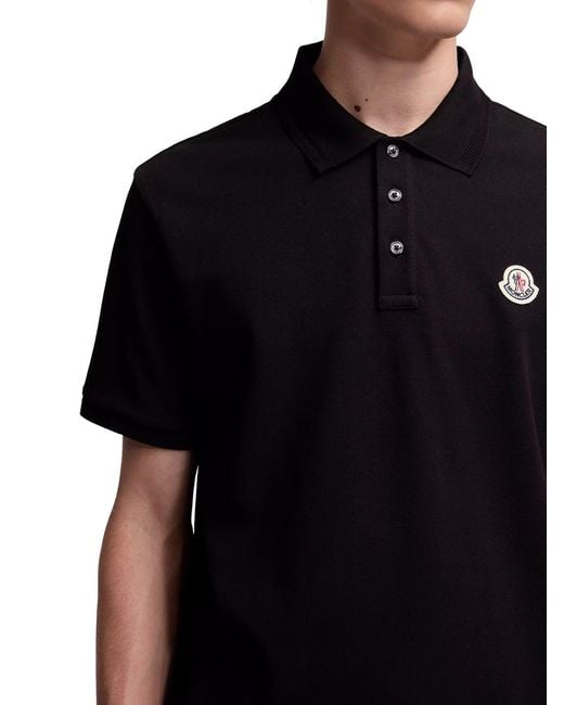 Moncler Black Cotton Piquet Polo Shirt With Logo Patch for men