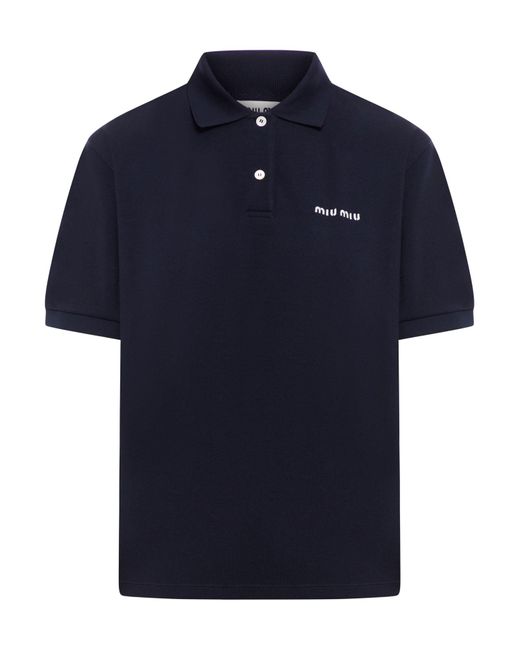 関税込【MiuMiu】Logo cotton pique polo shirt Miu Miu Cotton Pique Polo Shirt in Blue | Lyst