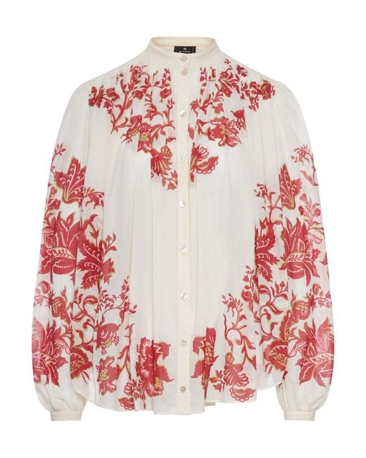 Etro Red Cotton Voile Blouse With Floral Print