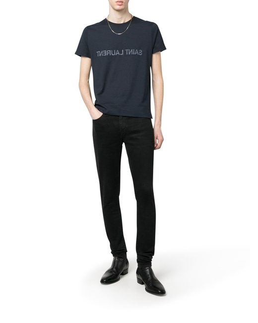 T-shirt in cotone con stampa logo reverse di Saint Laurent in Blue da Uomo