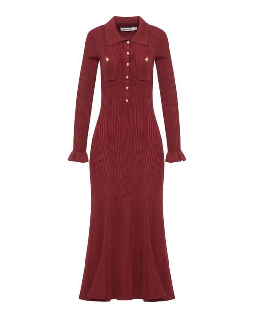 Self-Portrait Red Ribbed Knit Midi Dress