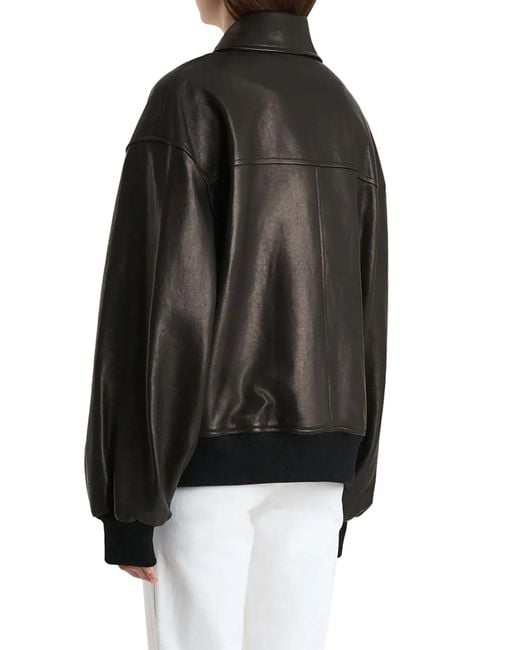 Khaite Black Shelman Leather Bomber Jacket With Wide Neck