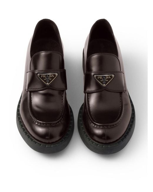 Prada Black Brushed Leather Loafers With Logo for men